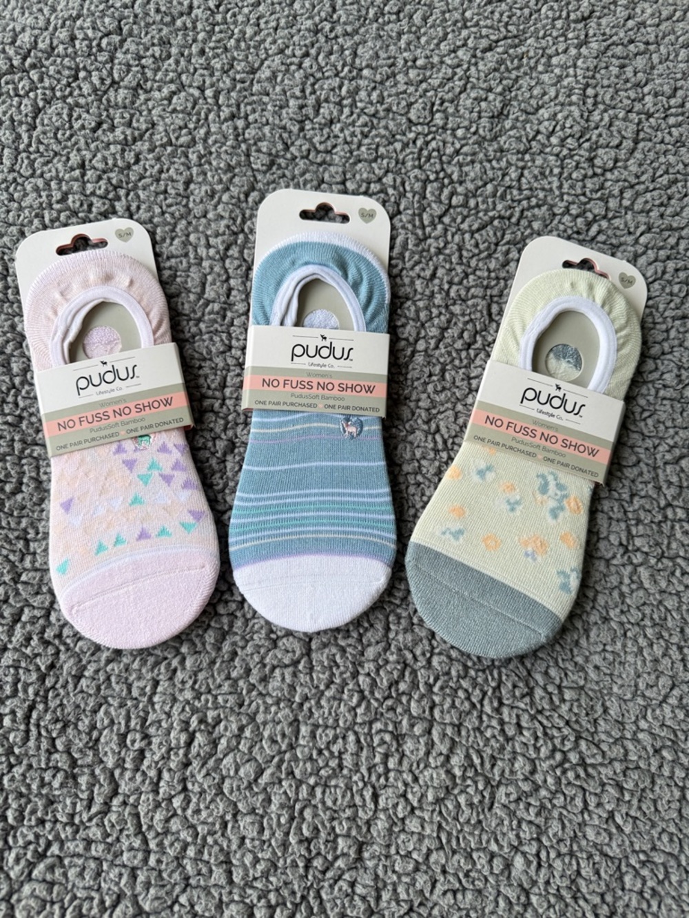 NWT Pudus No Fuss No Show Socks - Pastel Pink, Blue, Mint Trio   Size- S/M